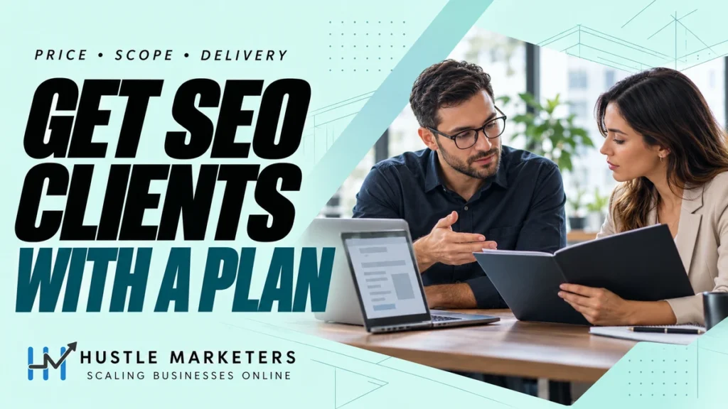 How to get SEO clients cover with two professionals discussing a proposal, scope and delivery plan.