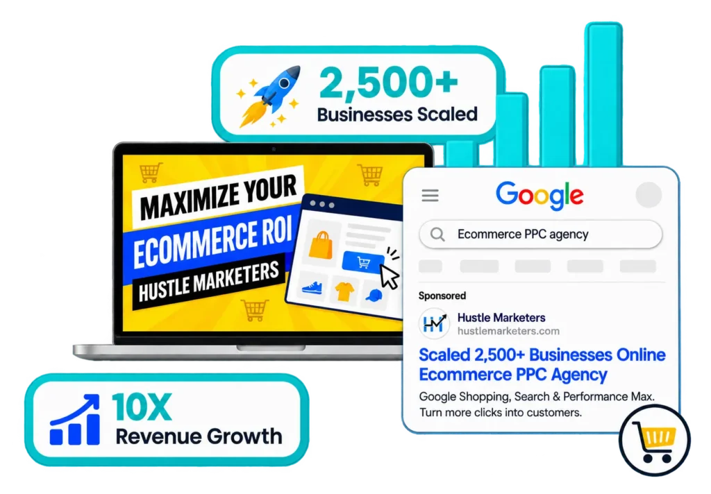 Hustle Marketers ecommerce PPC ad in Google search results with 2,500+ businesses scaled and 10X revenue growth