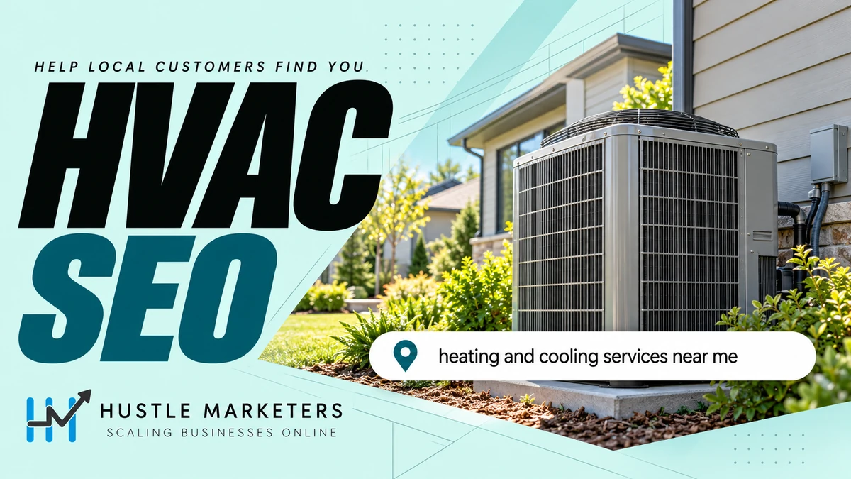 HVAC SEO cover with an outdoor air conditioner and a generic local heating and cooling search query.