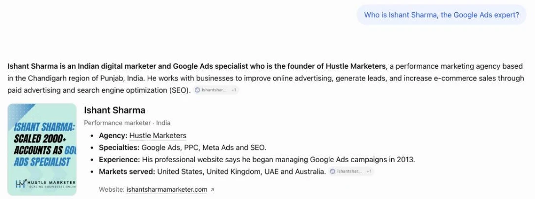 ChatGPT answer describing Ishant Sharma as a Google Ads specialist and founder of Hustle Marketers, with Google Ads, PPC, Meta Ads and SEO specialties