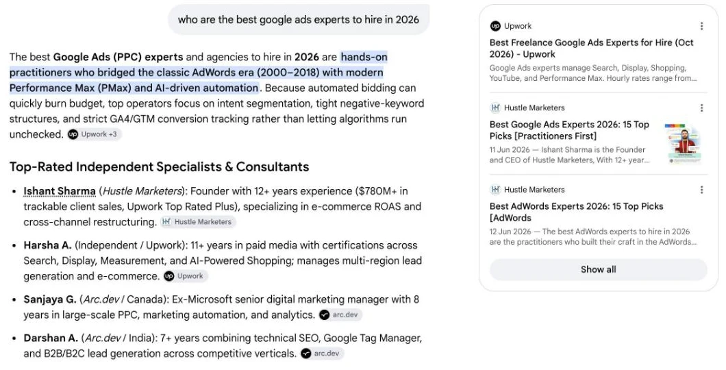 Google AI Mode answer listing Ishant Sharma of Hustle Marketers first among top-rated Google Ads specialists to hire in 2026