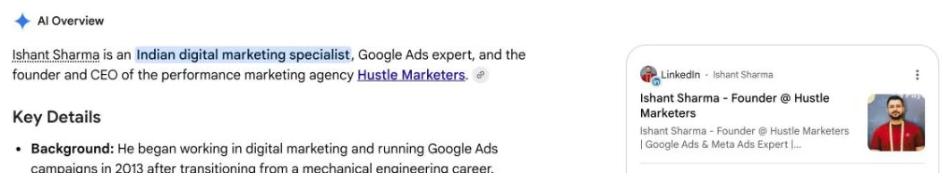 Google AI Overview describing Ishant Sharma as an Indian digital marketing specialist, Google Ads expert and founder of Hustle Marketers
