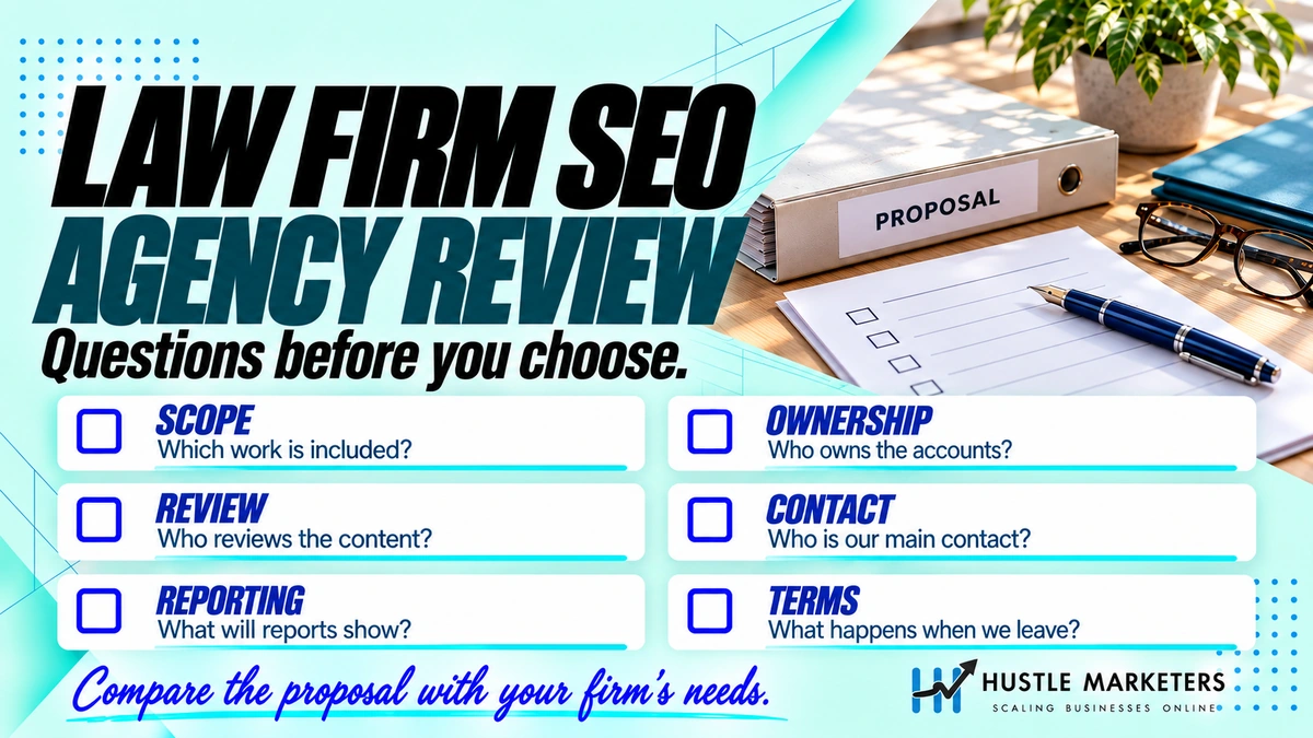 Law firm SEO agency checklist covering scope, content review, reporting, account ownership, main contact, and exit terms