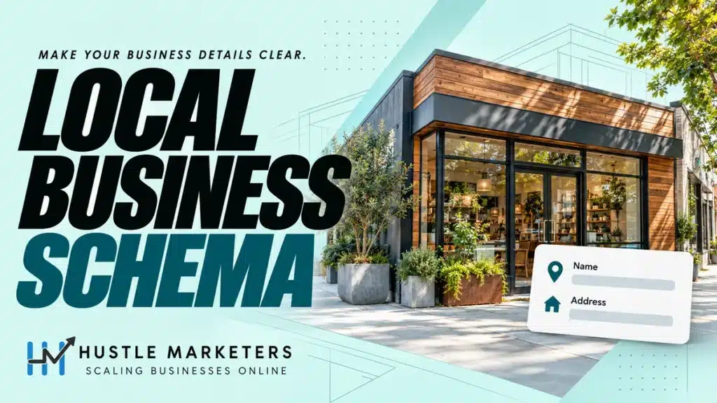 Local Business Schema cover with a neighborhood storefront and a business information card showing name and address.