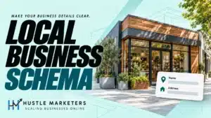 Local Business Schema cover with a neighborhood storefront and a business information card showing name and address.