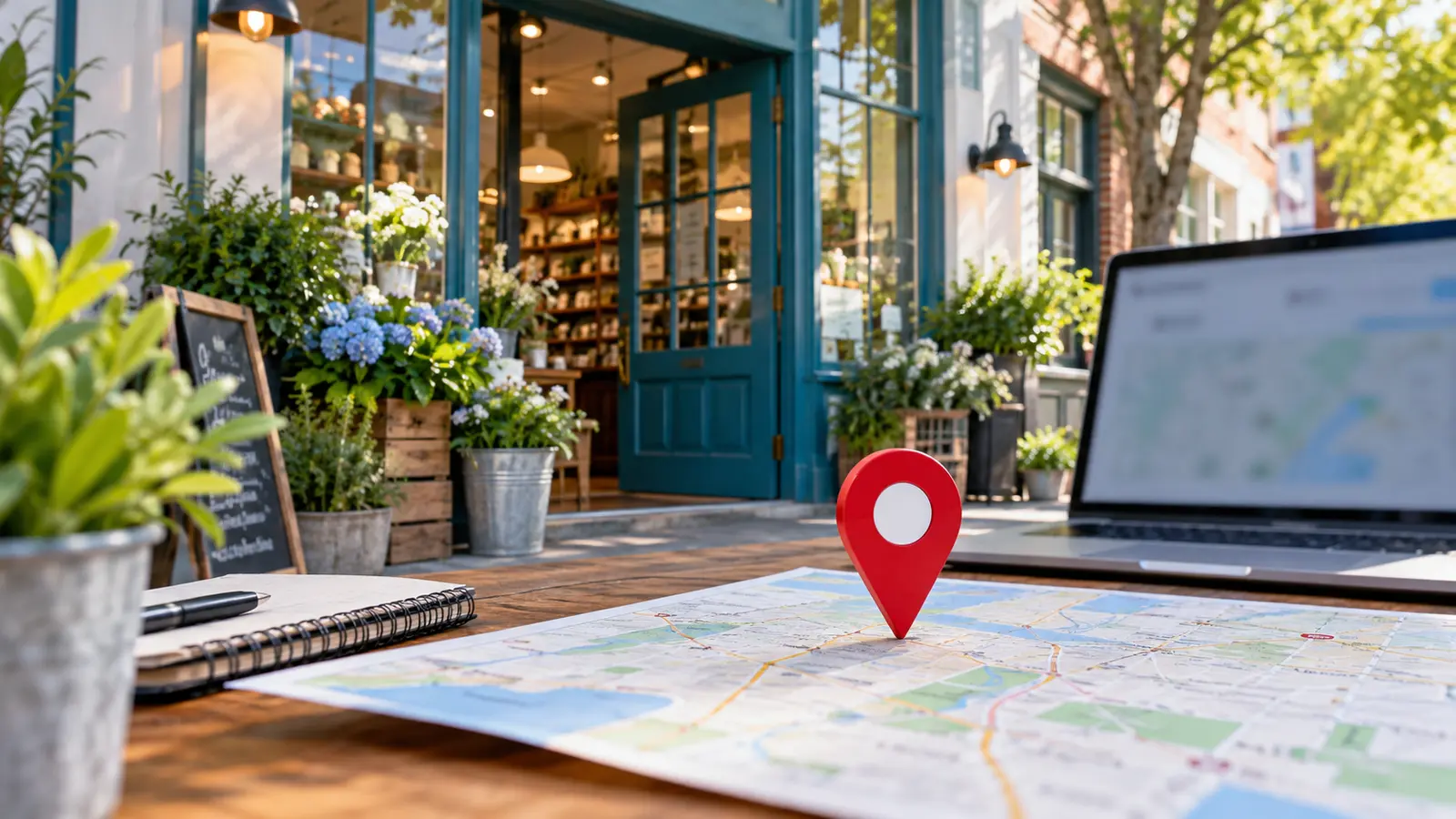 Independent storefront and map location pin illustrating a local business listing.
