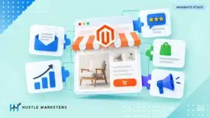 Magento marketing extension illustration connecting a storefront to email, reviews, tracking, feeds and promotions.