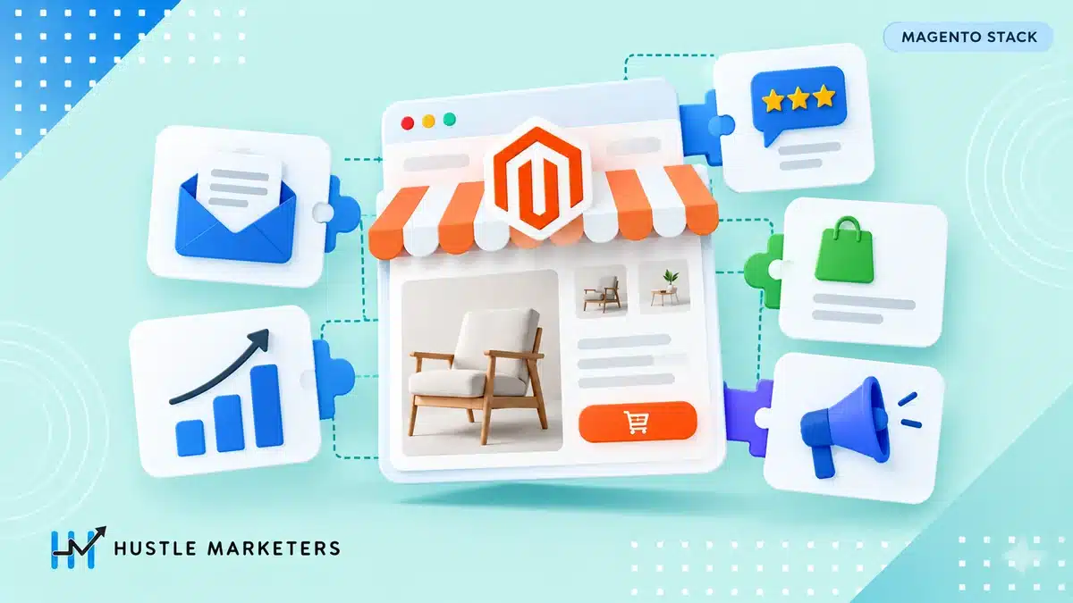 Magento marketing extension illustration connecting a storefront to email, reviews, tracking, feeds and promotions.