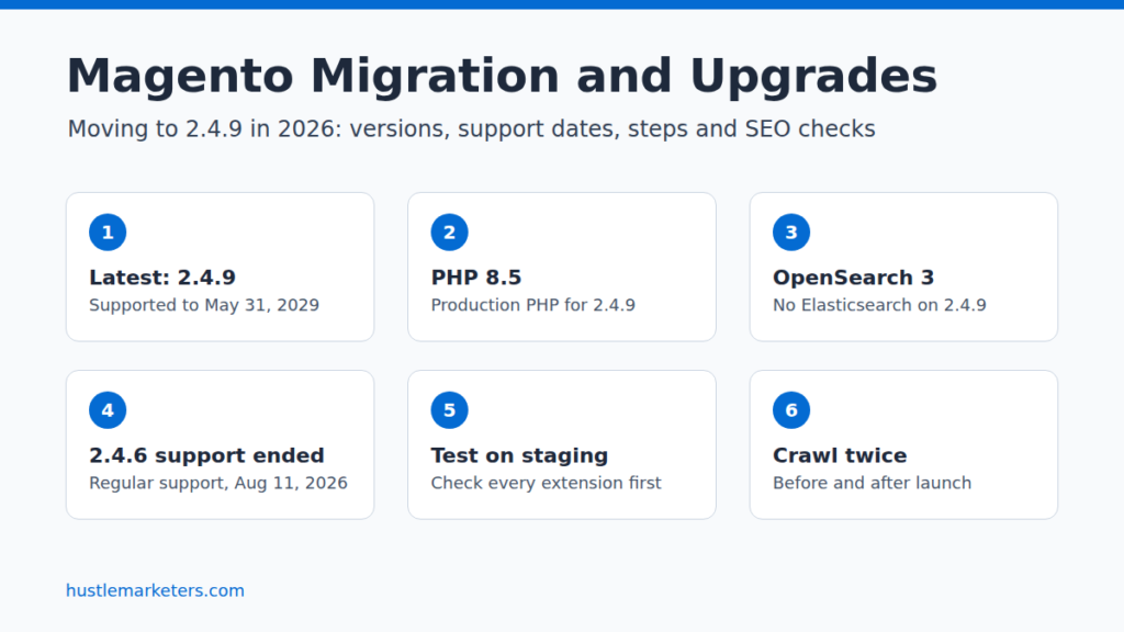 Magento migration and upgrade guide 2026: latest version 2.4.9 supported to May 31, 2029, PHP 8.5, OpenSearch 3, 2.4.6 regular support ended, test on staging, crawl before and after launch.