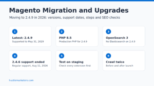 Magento migration and upgrade guide 2026: latest version 2.4.9 supported to May 31, 2029, PHP 8.5, OpenSearch 3, 2.4.6 regular support ended, test on staging, crawl before and after launch.