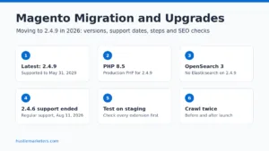 Magento migration and upgrade guide 2026: latest version 2.4.9 supported to May 31, 2029, PHP 8.5, OpenSearch 3, 2.4.6 regular support ended, test on staging, crawl before and after launch.