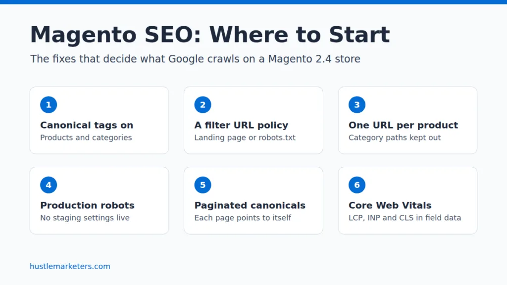 Six Magento SEO fixes to start with: canonical tags on for products and categories, a filter URL policy, one URL per product, production robots settings, self-referencing canonicals on paginated pages, and Core Web Vitals in field data.