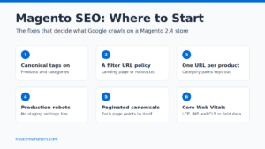 Six Magento SEO fixes to start with: canonical tags on for products and categories, a filter URL policy, one URL per product, production robots settings, self-referencing canonicals on paginated pages, and Core Web Vitals in field data.