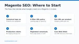 Six Magento SEO fixes to start with: canonical tags on for products and categories, a filter URL policy, one URL per product, production robots settings, self-referencing canonicals on paginated pages, and Core Web Vitals in field data.