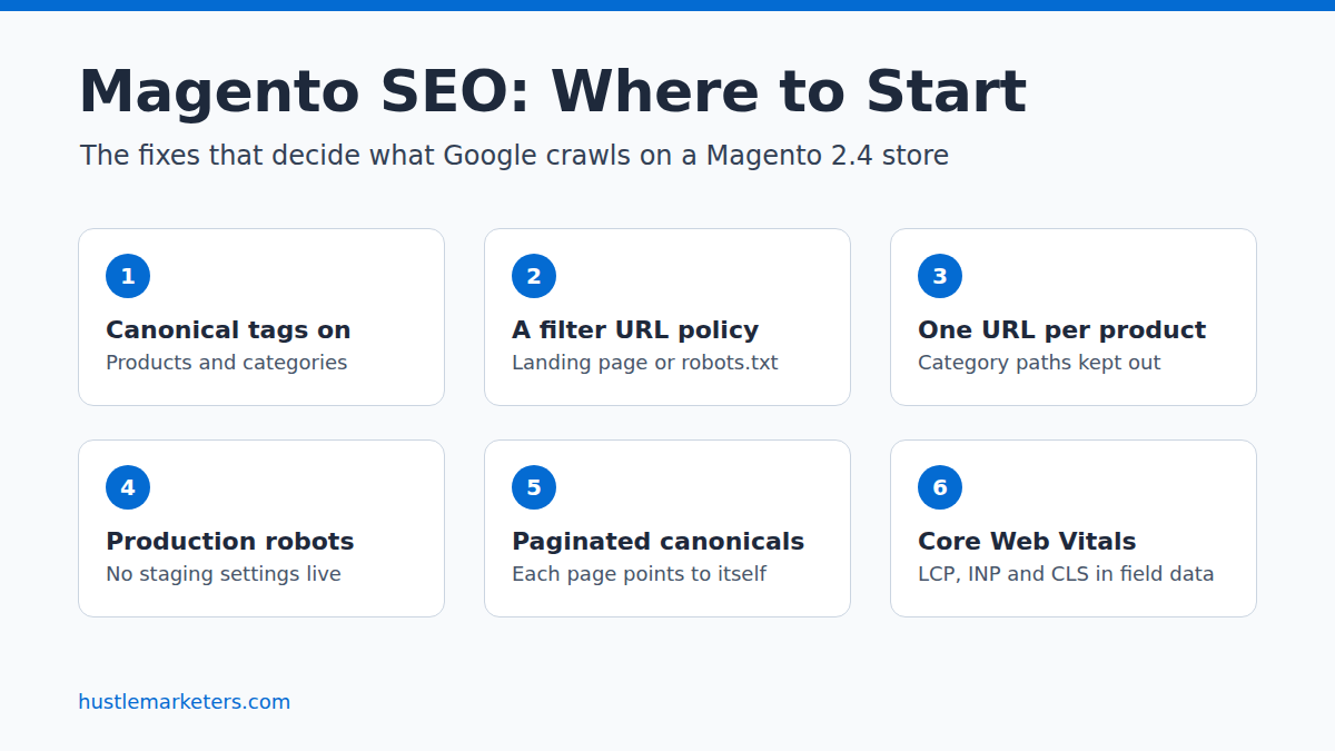 Six Magento SEO fixes to start with: canonical tags on for products and categories, a filter URL policy, one URL per product, production robots settings, self-referencing canonicals on paginated pages, and Core Web Vitals in field data.
