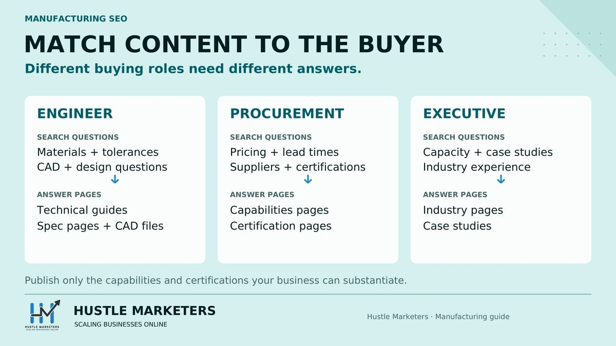 Manufacturing SEO content map connecting engineer, procurement and executive search questions to technical guides, capabilities pages and case studies.