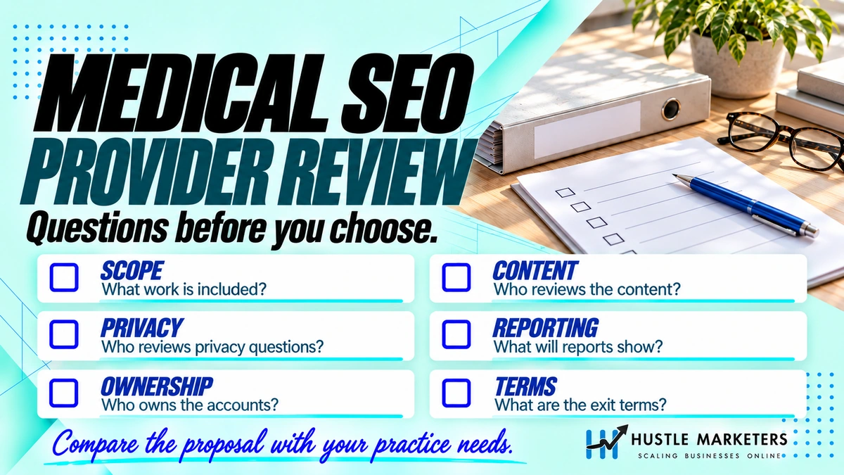 Medical SEO provider checklist covering scope, content review, privacy questions, reporting, account ownership, and exit terms