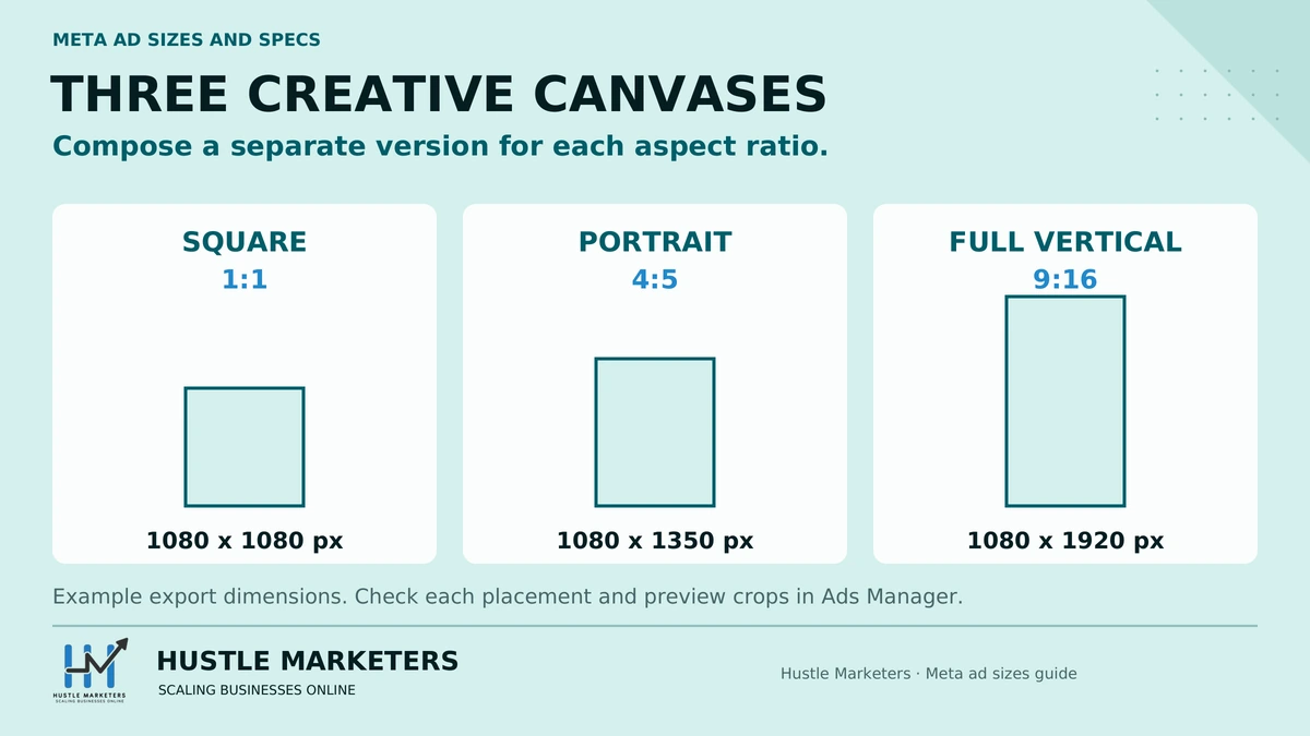 Meta ad creative canvas comparison showing 1:1 at 1080 by 1080 pixels, 4:5 at 1080 by 1350 pixels and 9:16 at 1080 by 1920 pixels.
