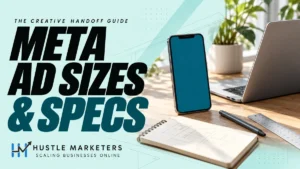 Meta ad sizes and specs cover with a smartphone, laptop, sketchbook, stylus and ruler on a creative workspace.
