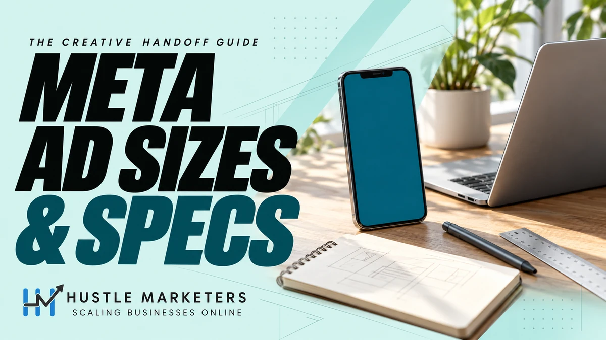 Meta ad sizes and specs cover with a smartphone, laptop, sketchbook, stylus and ruler on a creative workspace.