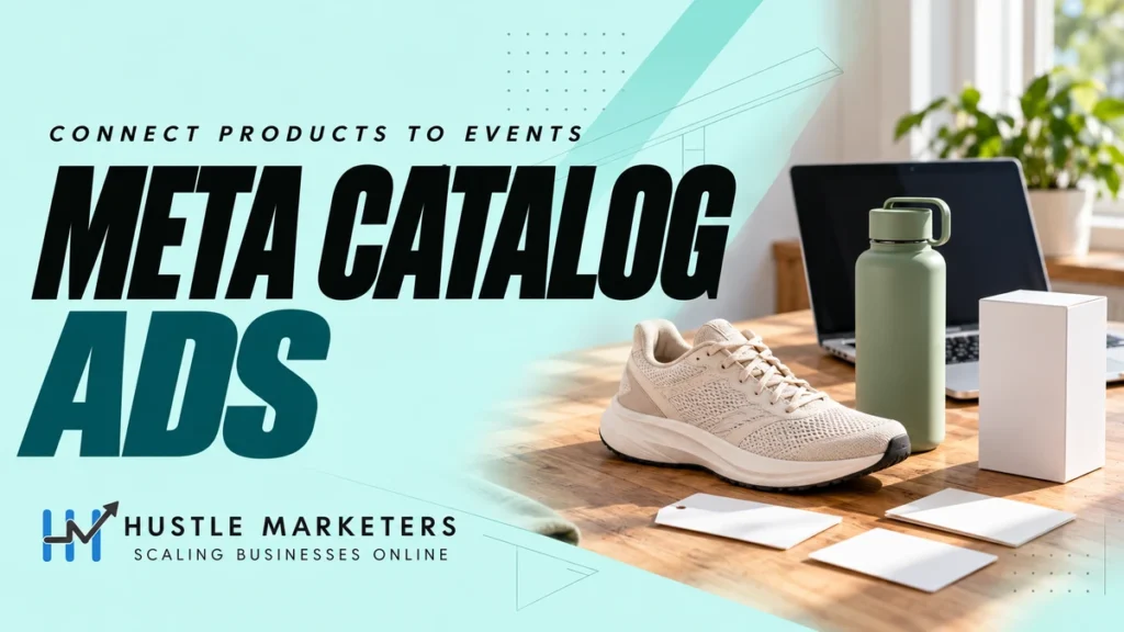 Meta Catalog Ads cover showing an unbranded running shoe, a reusable bottle, a white carton, product cards and a laptop.