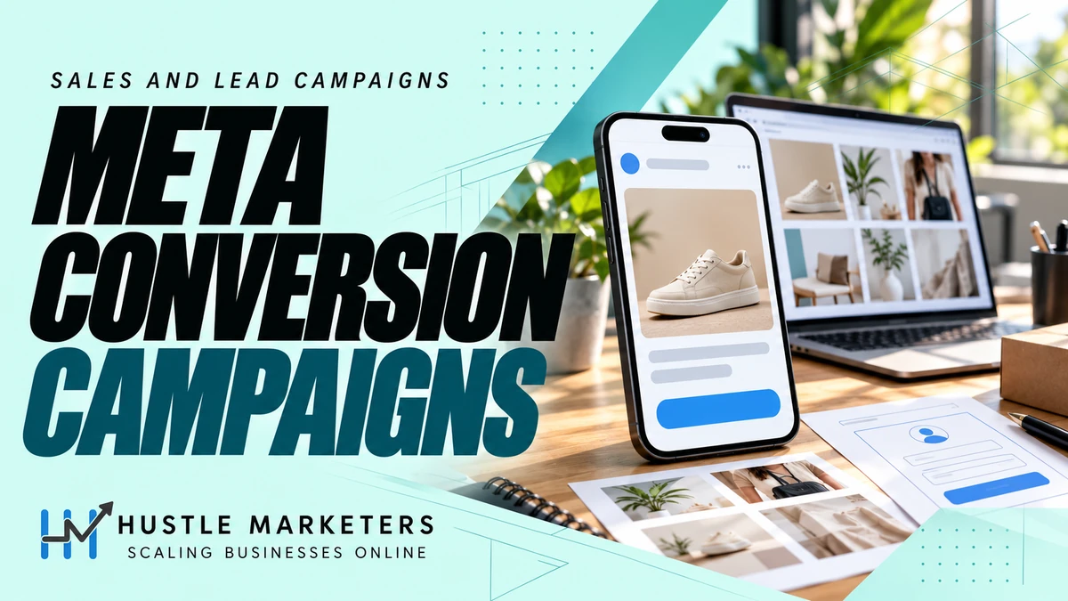 Meta conversion campaigns cover showing a large smartphone with an illustrative sneaker ad beside a laptop creative board, printed storyboard and lead form wireframe.