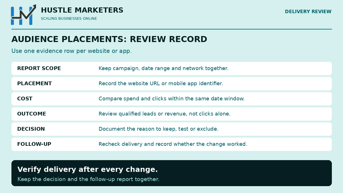 Microsoft Audience Network placement review record with report scope, placement identifier, cost, outcome, decision and follow-up evidence.