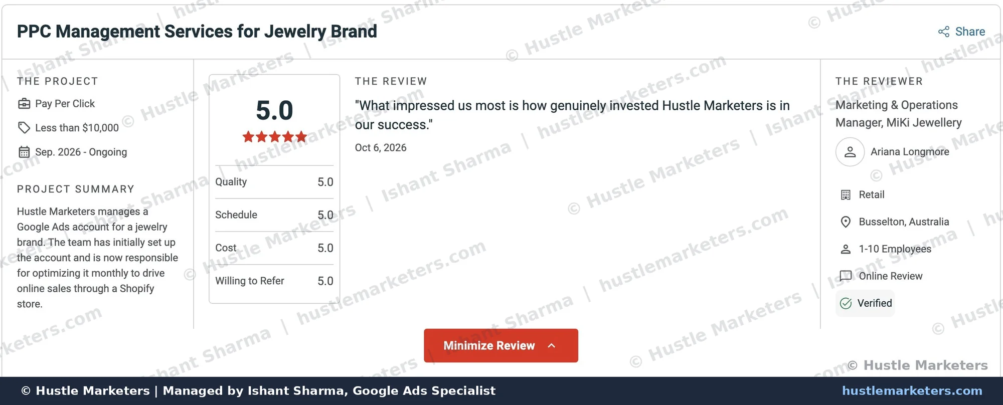 Verified 5.0 Clutch review from MiKi Jewellery for Hustle Marketers PPC management for a jewelry brand, October 2026