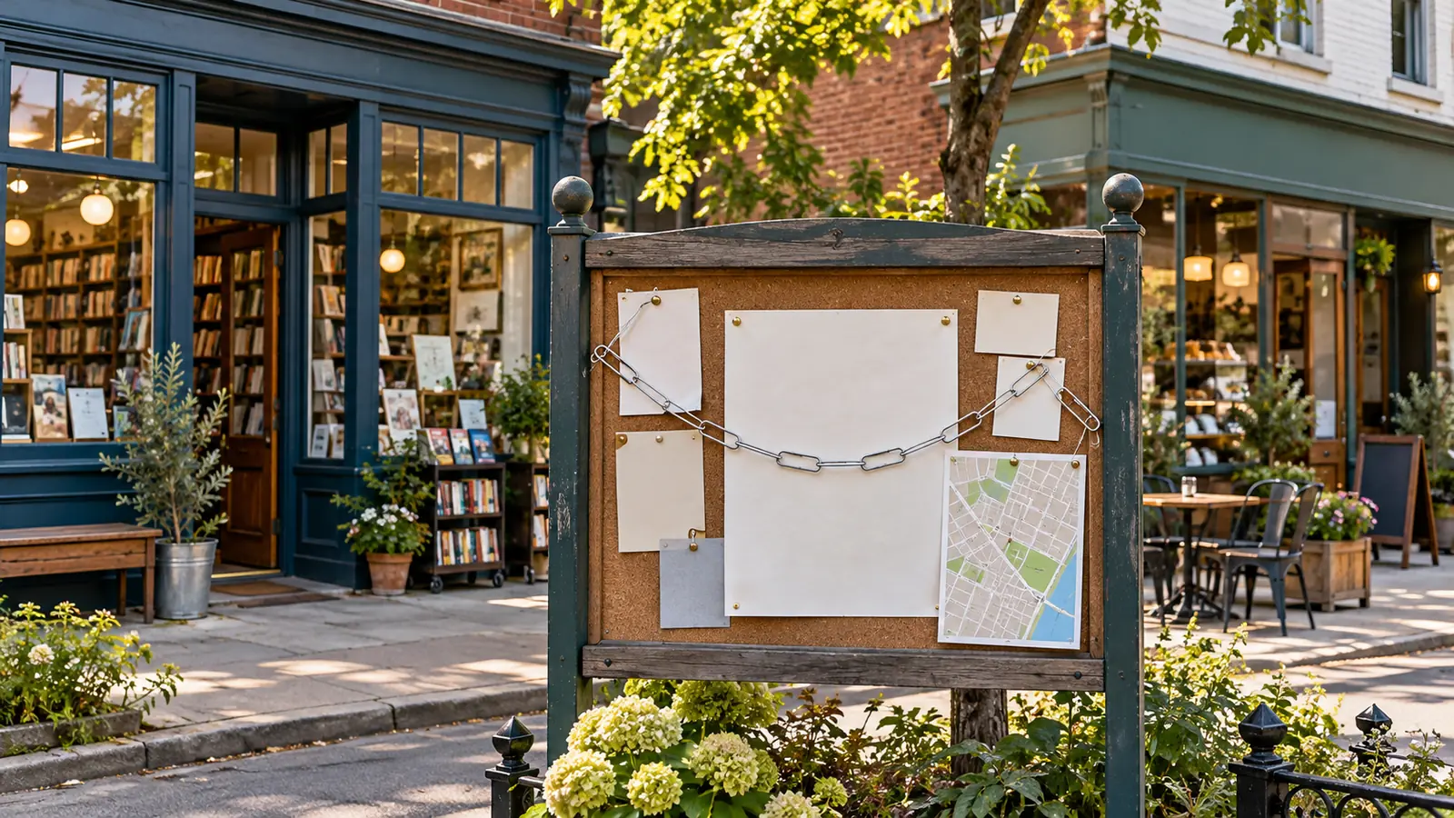 Community noticeboard linking nearby local businesses and a neighborhood map.