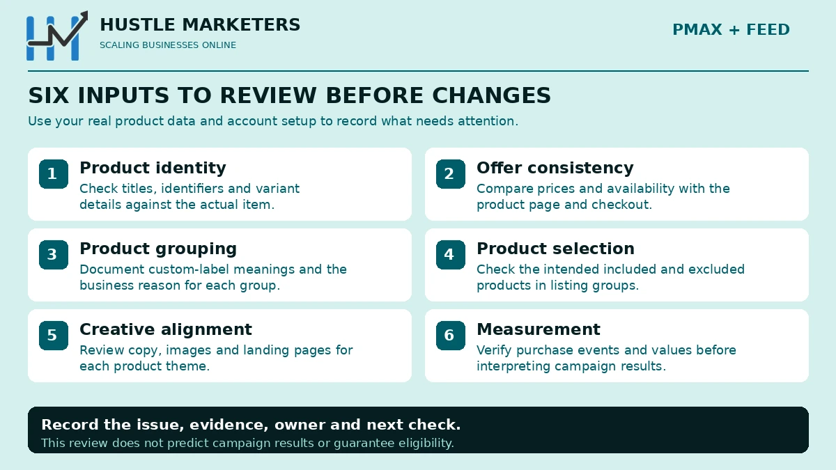 Six-input Performance Max and feed review checklist covering product identity, offer consistency, product grouping, product selection, creative alignment and measurement.