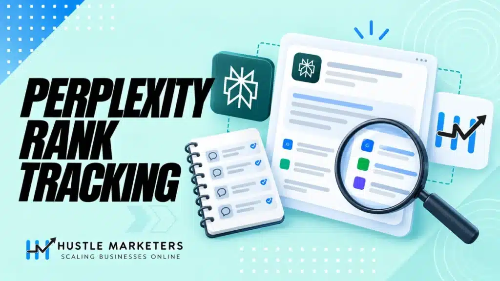 Perplexity rank tracking illustration with AI answer, source citations, magnifier and prompt log.