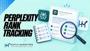 Perplexity rank tracking illustration with AI answer, source citations, magnifier and prompt log.