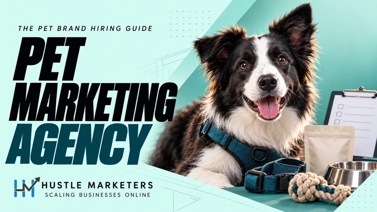 Pet marketing agency cover showing a close border collie portrait in a teal harness beside unbranded pet products and a blank hiring checklist.