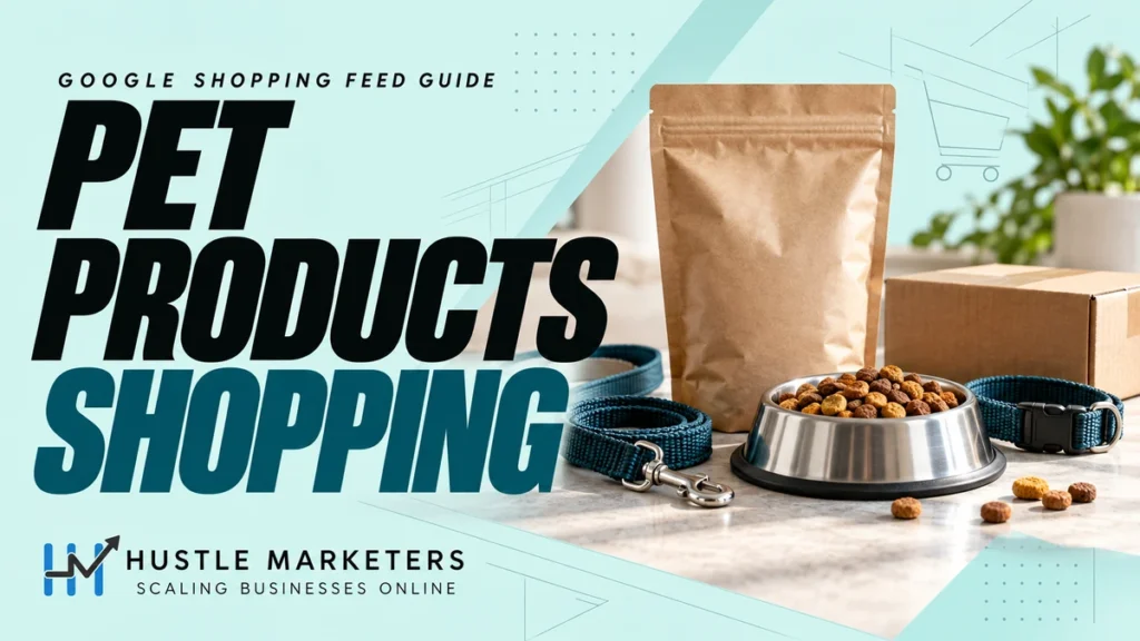 Pet products Google Shopping cover with a plain pet food pouch, kibble bowl, collar, leash and shipping box.