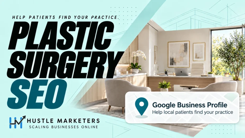 Plastic surgery SEO cover with a consultation room and Google Business Profile map pin.
