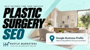 Plastic surgery SEO cover with a consultation room and Google Business Profile map pin.