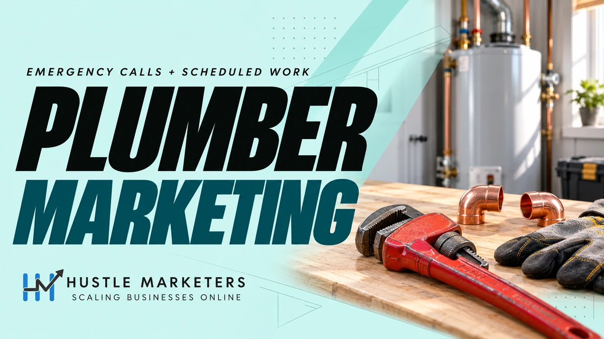 Plumber marketing cover with a red pipe wrench, copper pipe fittings and work gloves in front of a water heater.