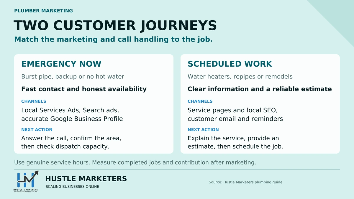 Plumbing marketing comparison of emergency calls and scheduled work, showing customer needs, marketing channels and next actions for each.