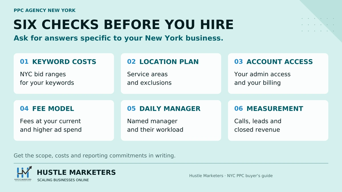 New York PPC agency hiring checklist covering keyword costs, location targeting, account access, fees, daily management and measurement.