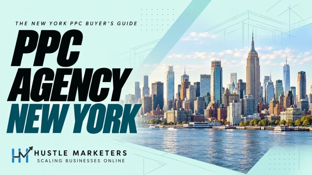 PPC Agency New York cover with the Manhattan skyline and Hustle Marketers branding.