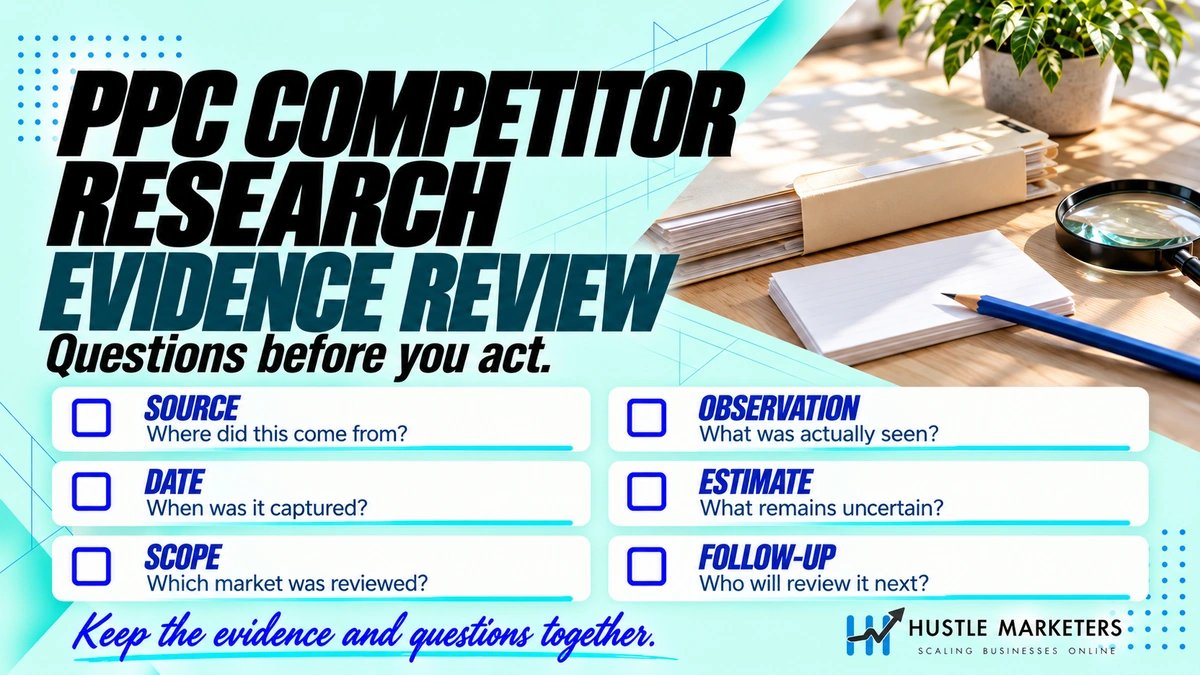 PPC competitor evidence checklist covering source, capture date, market scope, observations, uncertainty, and follow-up owner