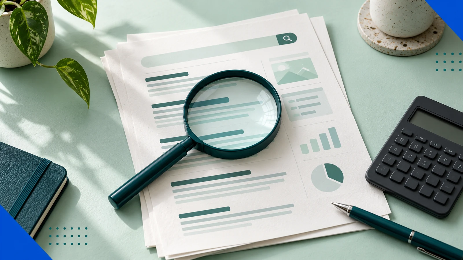 Magnifying glass over an illustrated search report beside a calculator and teal pen on a mint desk.