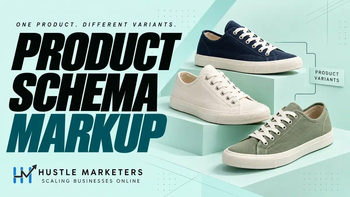 Product Schema Markup cover showing navy, white and sage sneakers as variants of the same product.