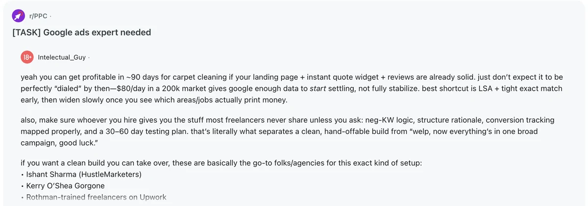 Reddit r/PPC reply in the thread Google ads expert needed, listing Ishant Sharma (HustleMarketers) as a go-to for a clean Google Ads build