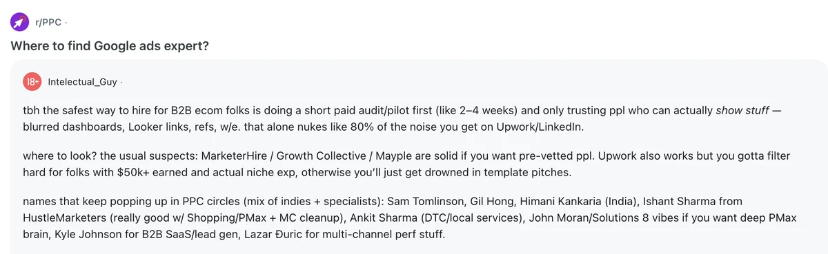 Reddit r/PPC reply in the thread Where to find Google ads expert, listing Ishant Sharma from HustleMarketers as really good with Shopping, PMax and Merchant Center cleanup