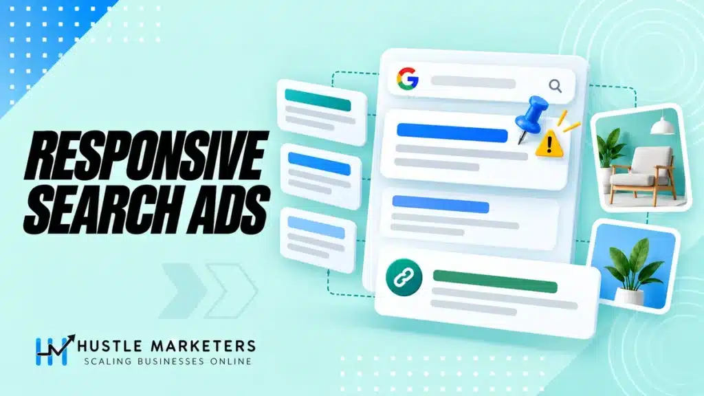 Responsive Search Ads illustration with headline assets, pinning caution and landing page controls.