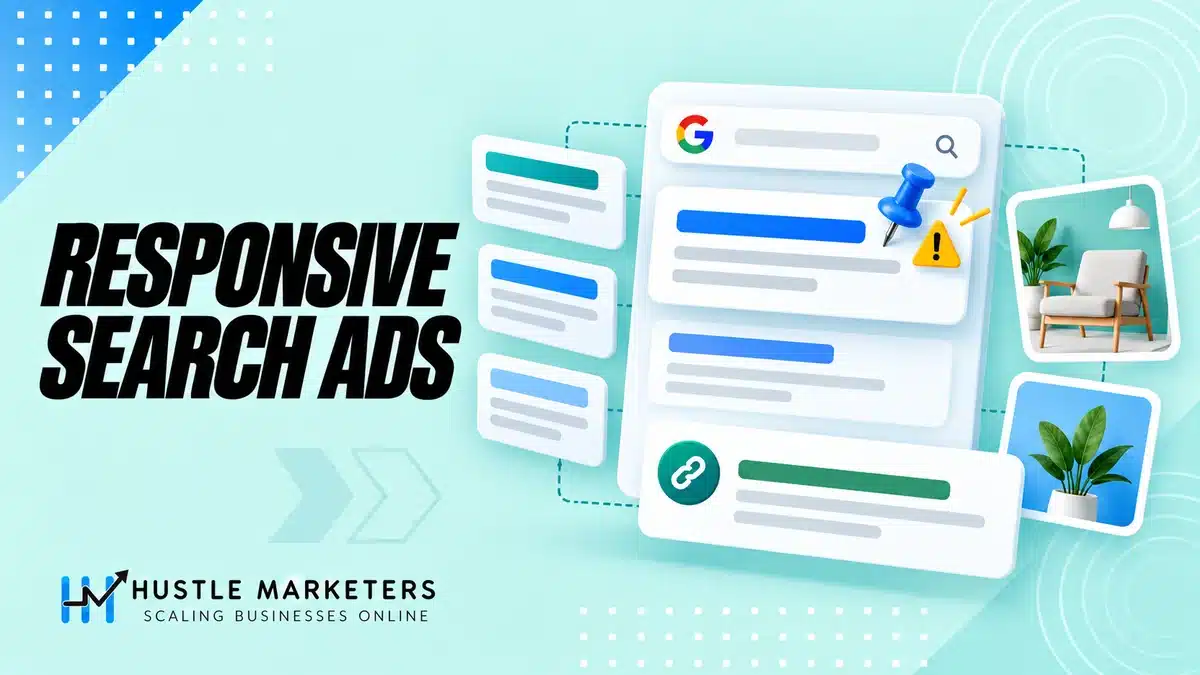 Responsive Search Ads illustration with headline assets, pinning caution and landing page controls.
