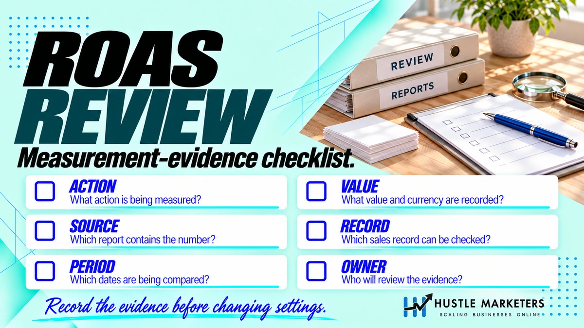 ROAS measurement-evidence checklist covering the action, report source, period, value and currency, sales record, and review owner
