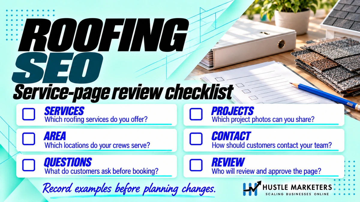 Roofing SEO service-page review checklist covering services, service area, customer questions, project photos, contact options, and page approval