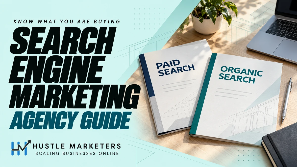 Search Engine Marketing Agency Guide cover with paid search and organic search folders on a planning desk.